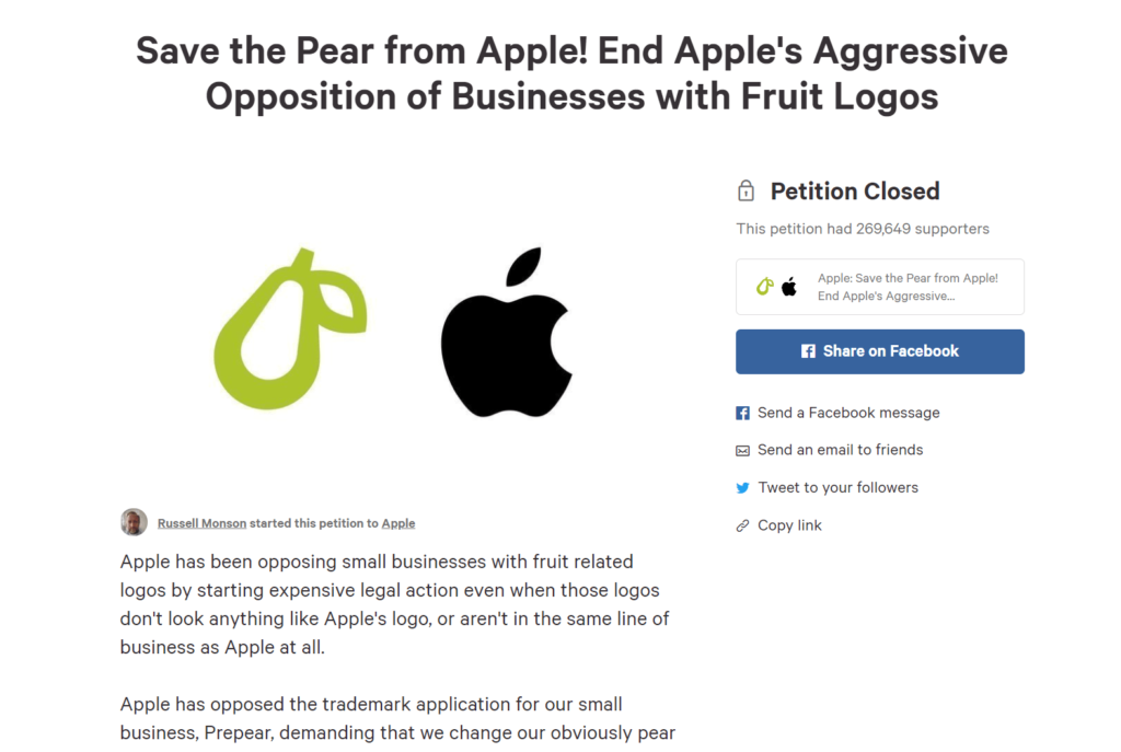 체인지 (change.org)에 Save the Pear from Apple …. 의 제목으로 청원