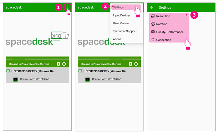 스마트폰 spacedesk 앱 setting 메뉴