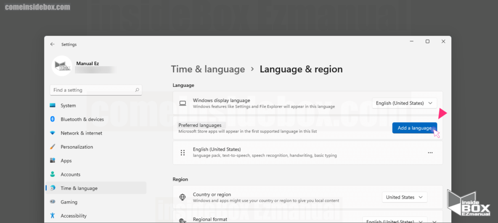 Time Language 메뉴 Language region 설정 Add a Language선택