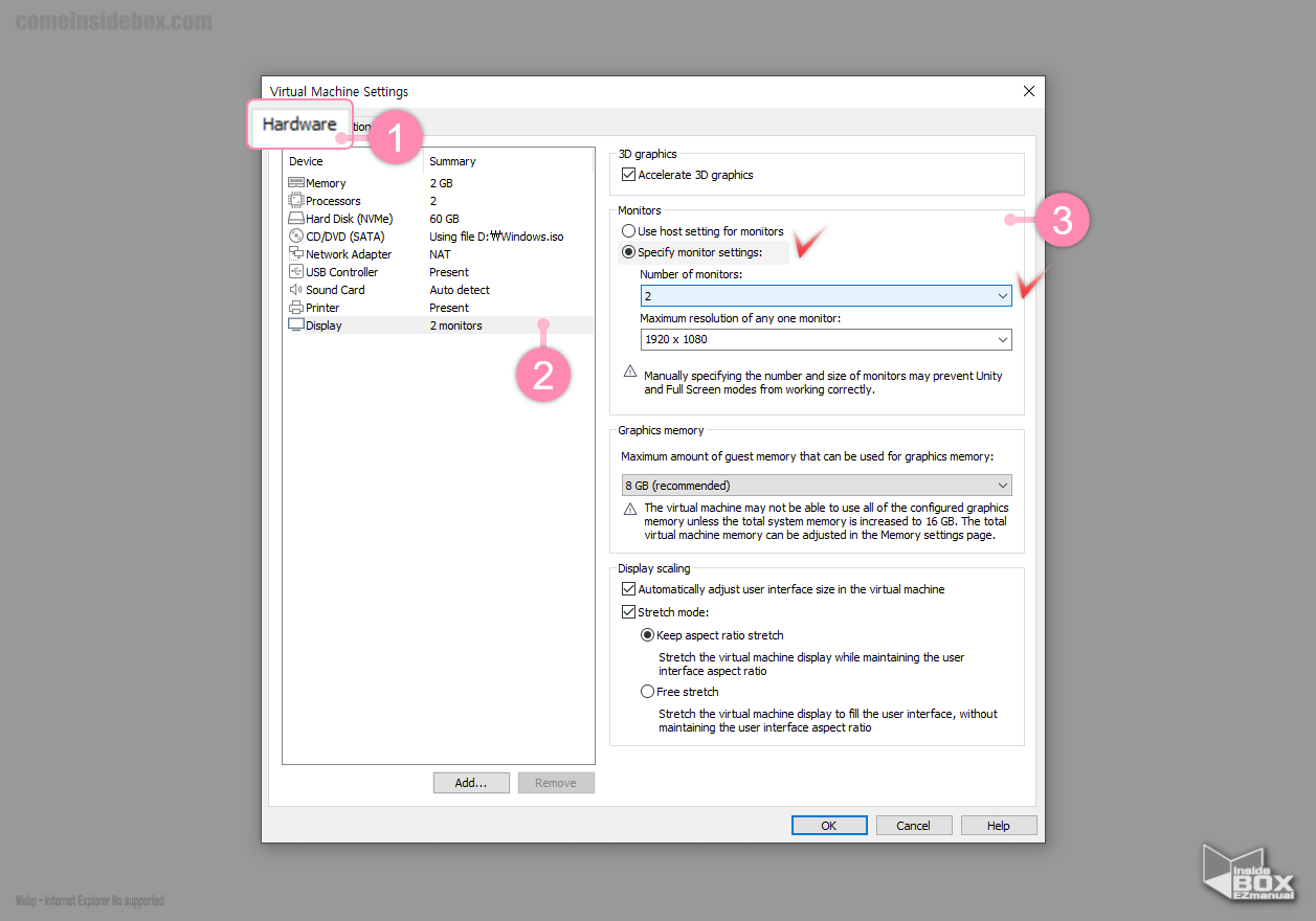 Virtual_Machine_Settings_에서_Display_메뉴_에서_설정_변경_진행