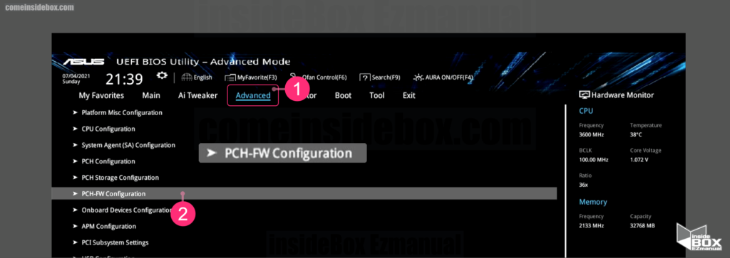 윈도우 바이오스 PCH FW Configuration 선택