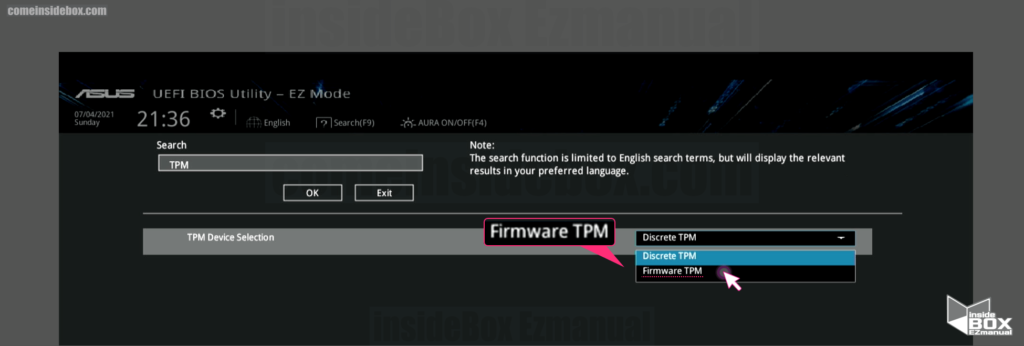 윈도우 바이오스 PCH FW Configuration 설정 Firmware TPM 선택