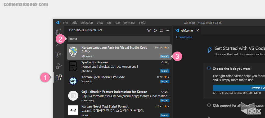 VSCode_익스텐션에서_한국어_패키지_korean_language_pack_for_visual_studio_code_검색_후_install
